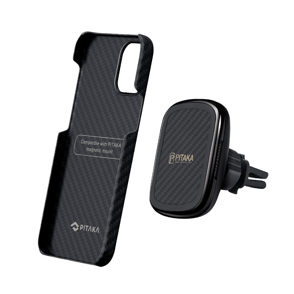 Pitaka Aramid Karbon Fiber MagEZ Case & In-Car Wireless Charging Kit iPhone 12 Mini - Black/Grey Twill