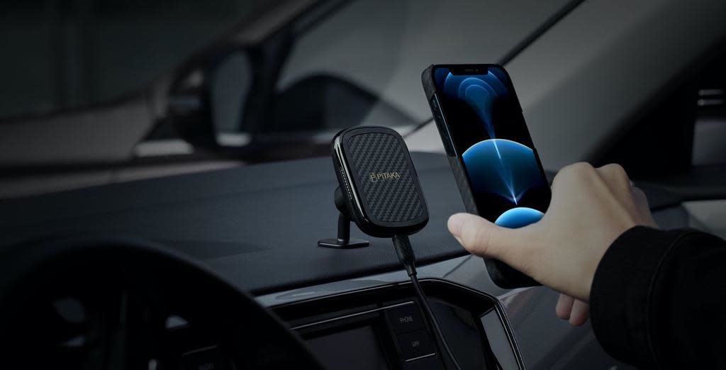 Pitaka Aramid Karbon Fiber MagEZ Case & In-Car Wireless Charging Kit iPhone 12 Mini - Black/Grey Twill