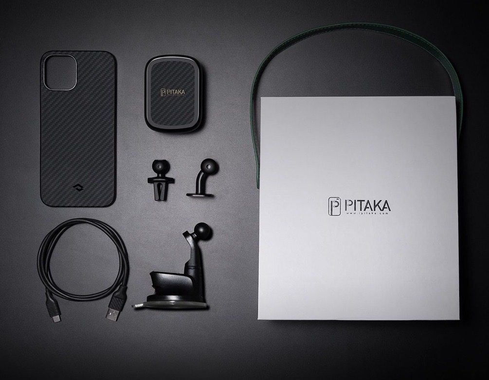 Pitaka Aramid Karbon Fiber MagEZ Case & In-Car Wireless Charging Kit iPhone 12 Pro Max - Black/Grey Twill