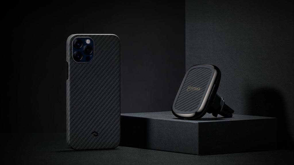 Pitaka Aramid Karbon Fiber MagEZ Case & In-Car Wireless Charging Kit iPhone 12 Pro Max - Black/Grey Twill