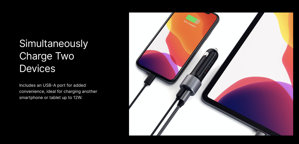 Satechi Type-C 72W PD Car Charger Dual Port (USB-C, 60W+ USB-A, 12W) - Space Gray