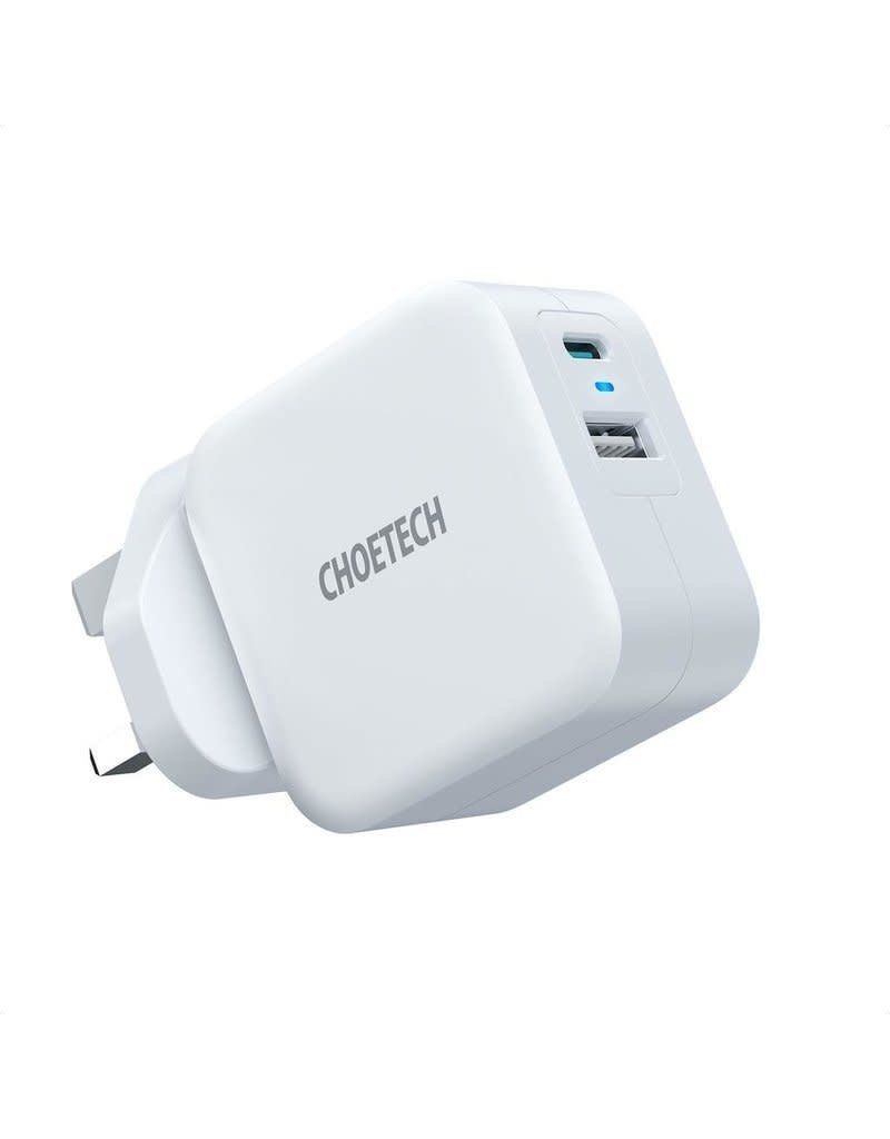 Choetech Choetech 38W Dual Port Fast Charger (USB-C 20W PD, USB-A 18W QC) - White