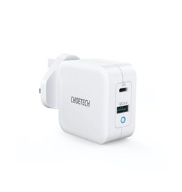 Choetech Choetech Dual Port 65W GaN Mini USB-C PD, USB-QC Fast Charger for MacBook and Phone - White