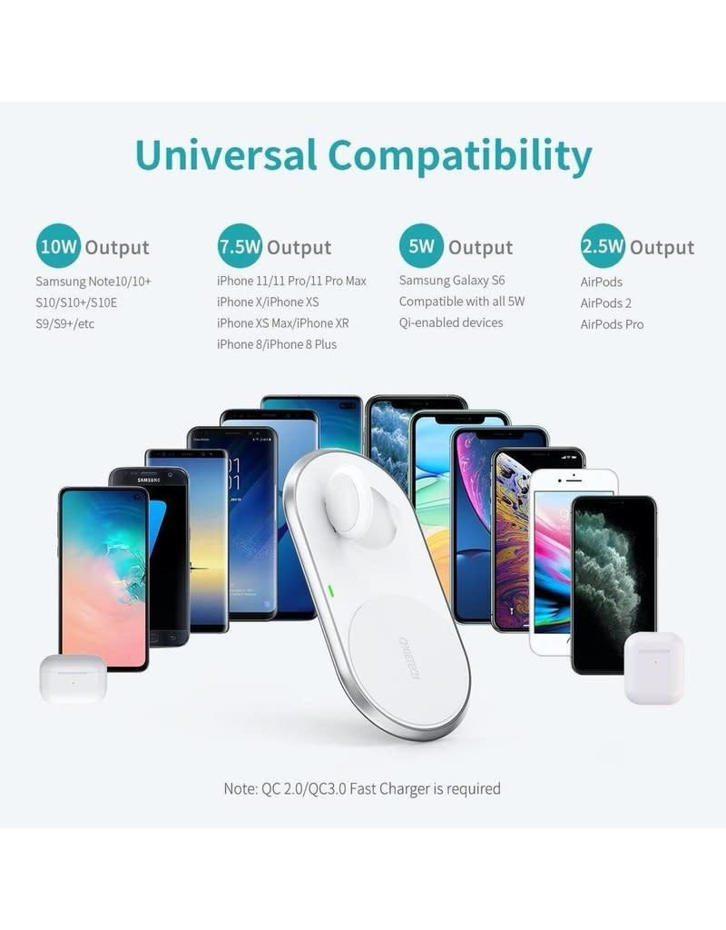 Choetech Choetech 2-In-1 Dual Wireless Charger Pad and Foldable for Apple Watch and iPhone Uk Plug - White