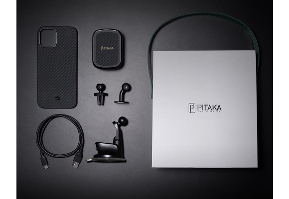 Pitaka Aramid Karbon Fiber MagEZ Case & In-Car Wireless Charging Kit iPhone 12/12 Pro - Black/Grey Twill