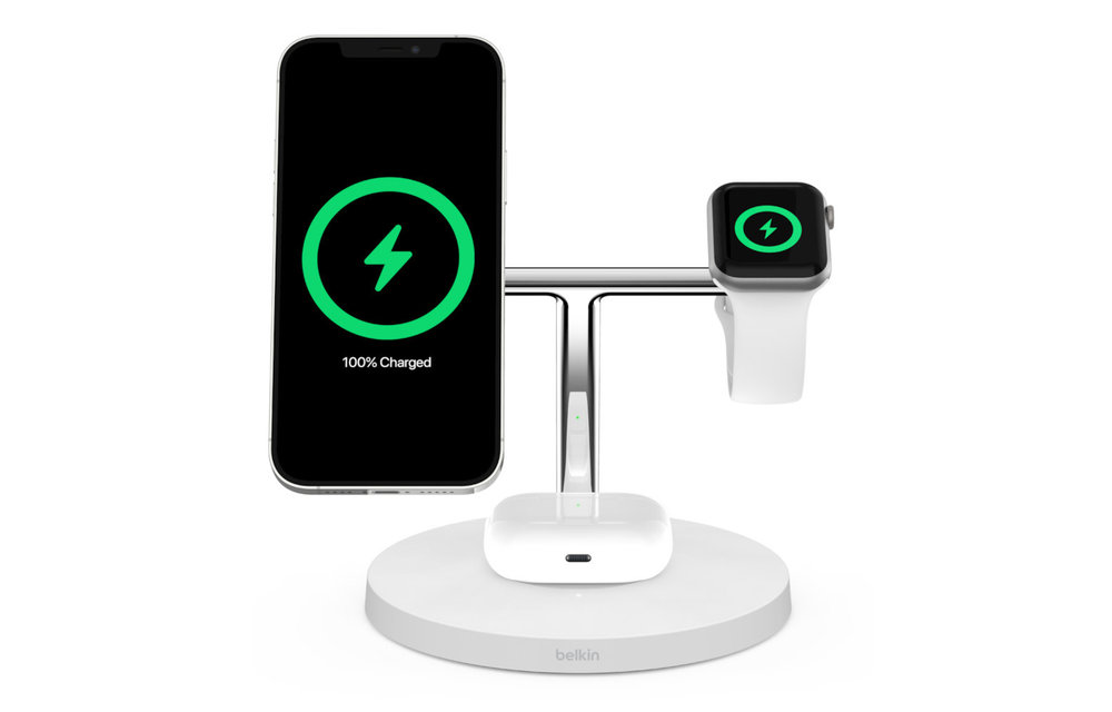 Belkin Boost Charge Pro 3-In-1 MagSafe Wireless Charging Stand UK Plug - White