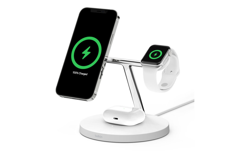 Belkin Boost Charge Pro 3-In-1 MagSafe Wireless Charging Stand UK Plug - White