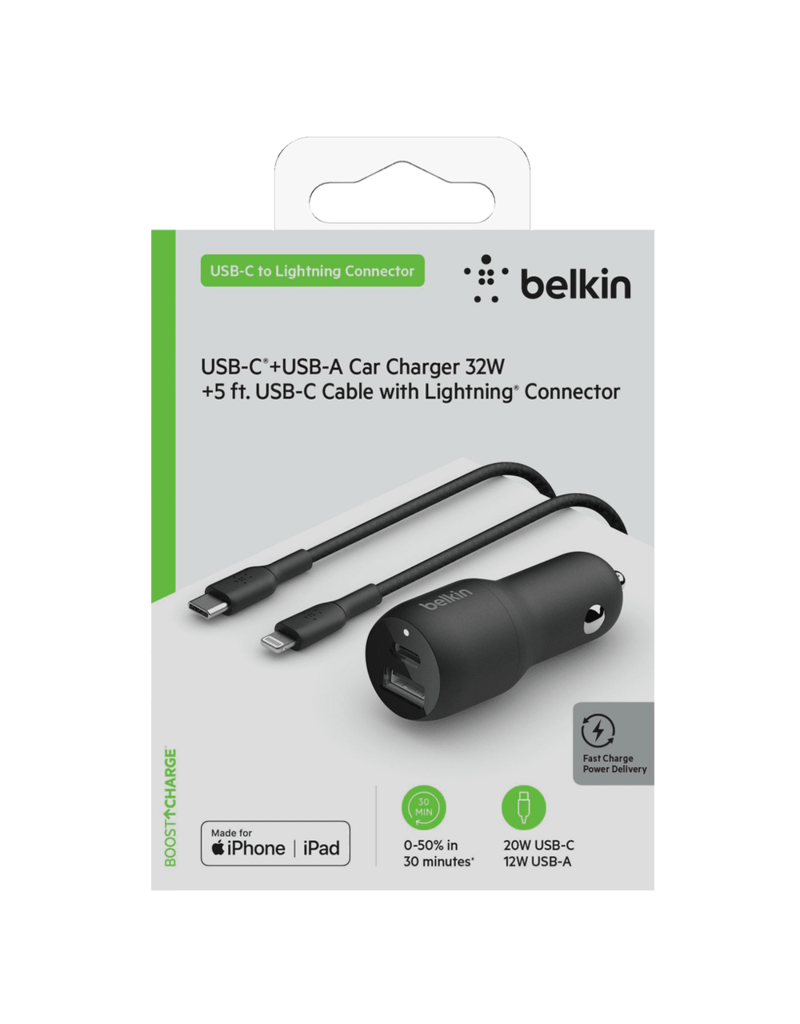BELKIN Belkin 32W USB C PD and USB A Dual Port Car Charger and USB C to Apple Lightning Cable 4ft - Black