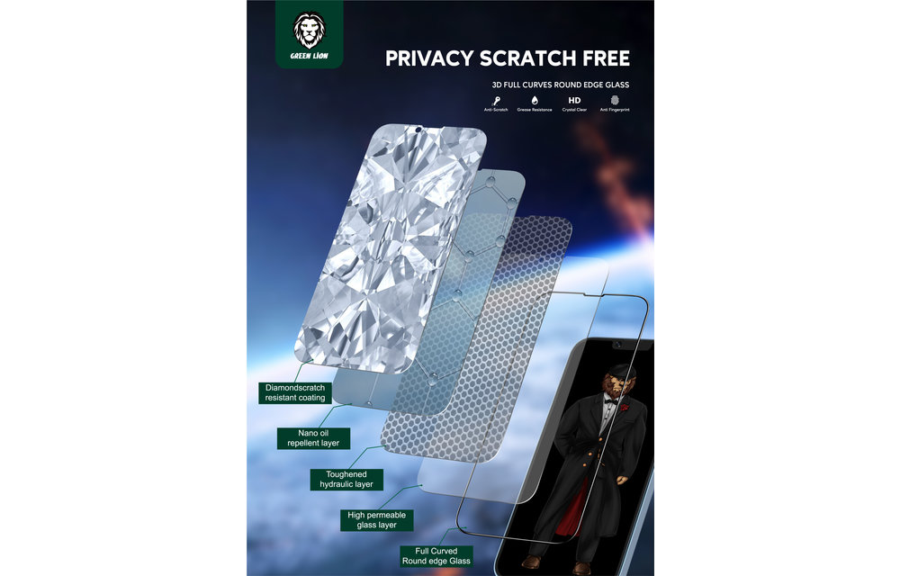 Green 3D Privacy Scratch Free Round Edge Glass Screen Protector for iPhone 13 Pro Max - Black
