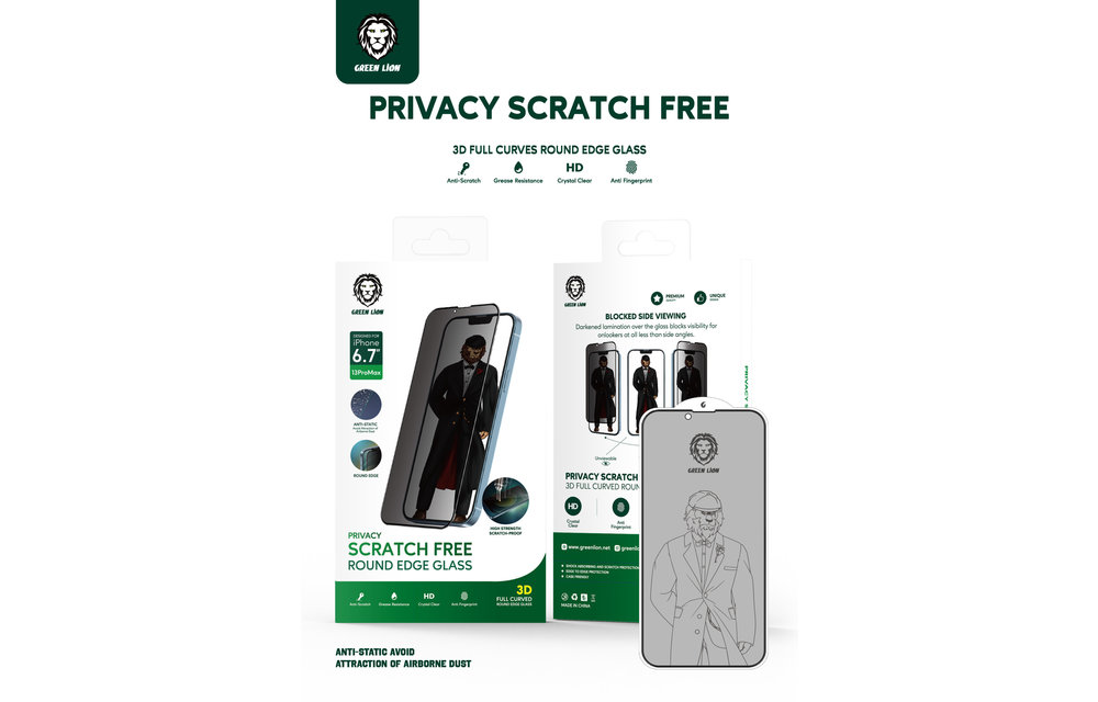 Green 3D Privacy Scratch Free Round Edge Glass Screen Protector for iPhone 13 Pro Max - Black