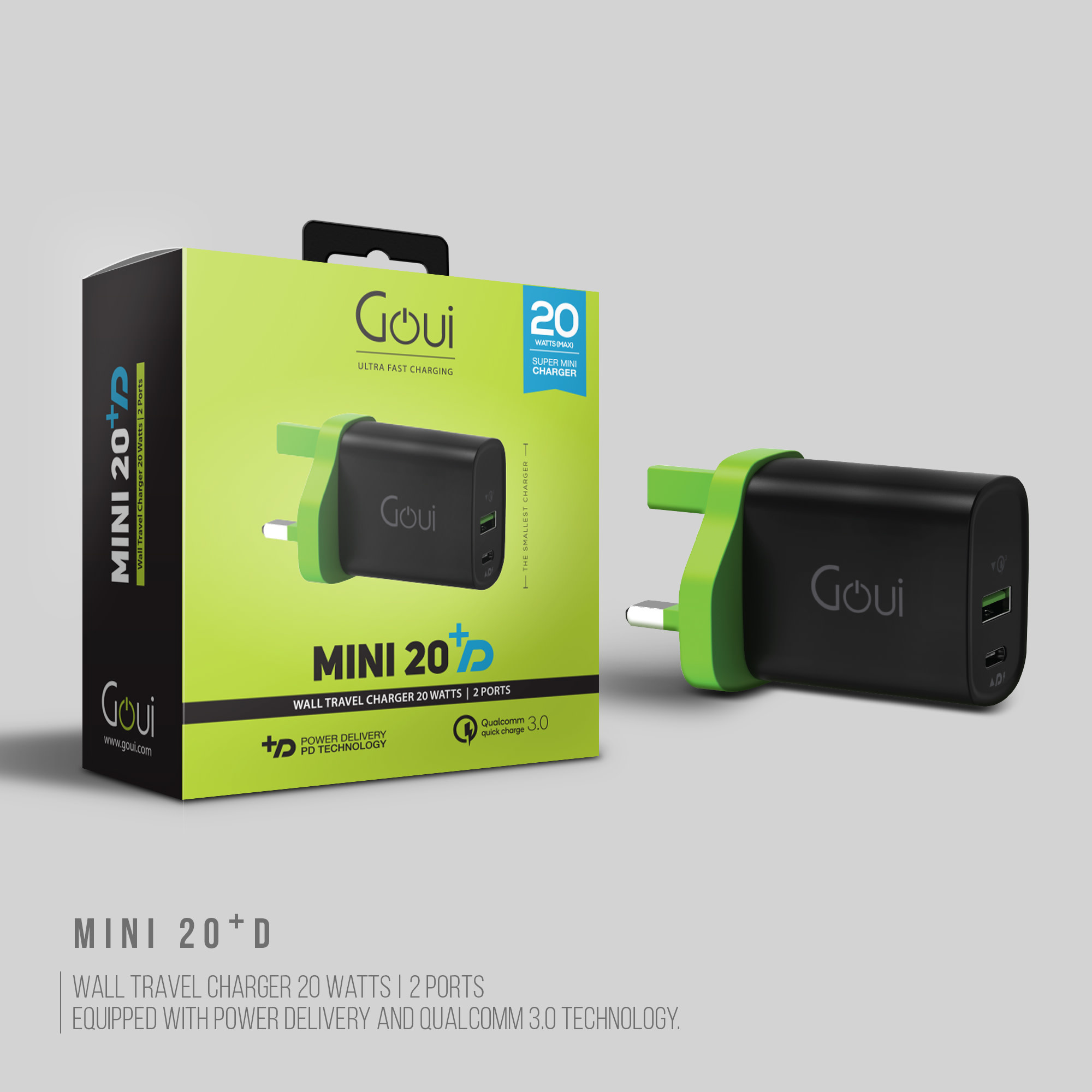 Goui Mini 20 Plus PD 2 Port Wall Travel Charger 20W - Black