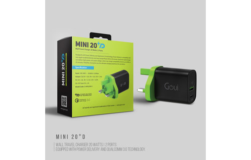 Goui Mini 20 Plus PD 2 Port Wall Travel Charger 20W - Black