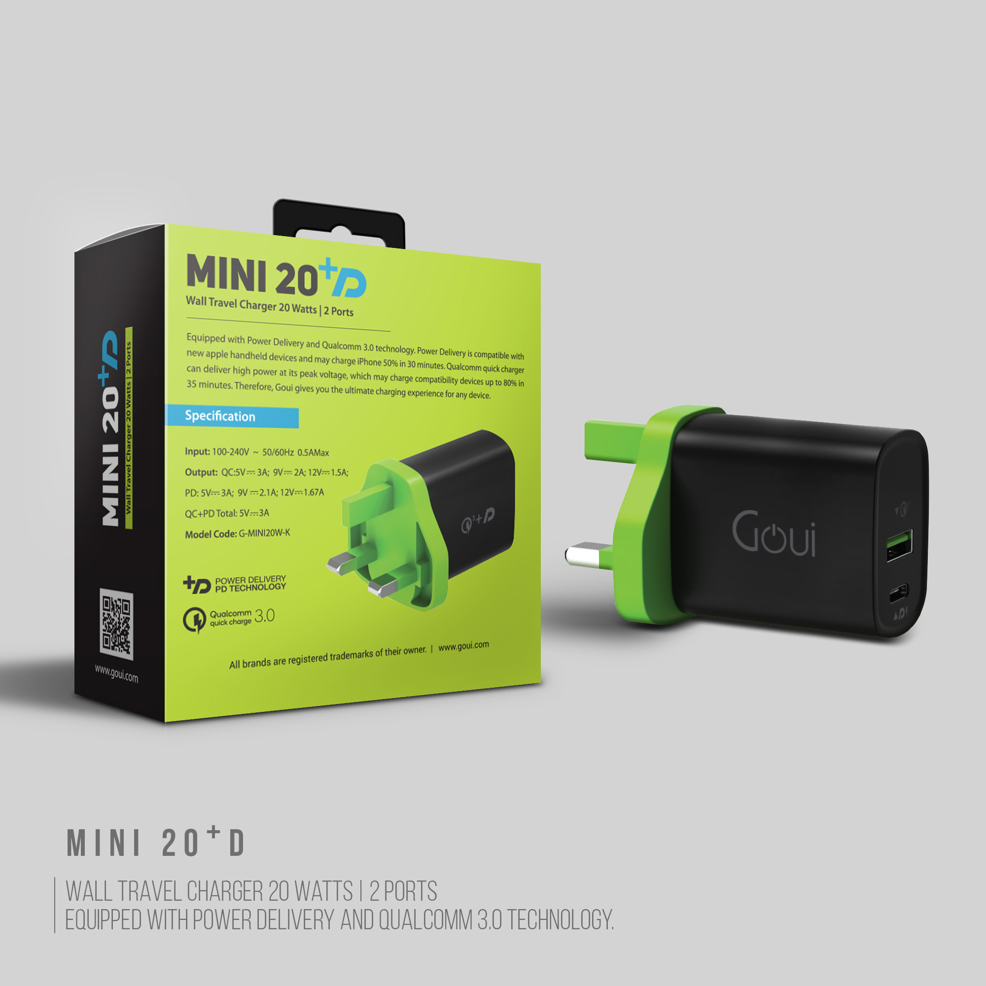 Goui Mini 20 Plus PD 2 Port Wall Travel Charger 20W - Black
