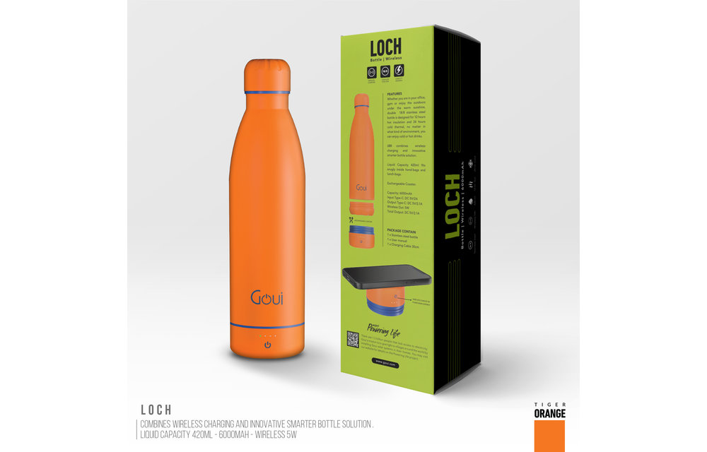 Goui Loch Stainless Steel Water Bottle Wireless Charger 6000 mah - Orange