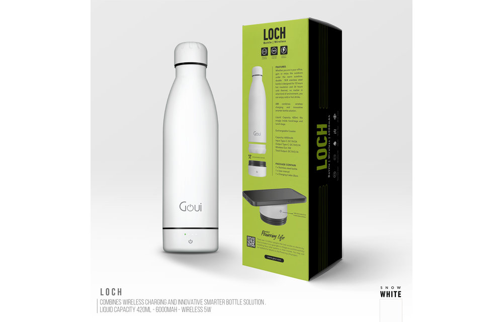 Goui Loch Stainless Steel Water Bottle Wireless Charger 6000 mah - White