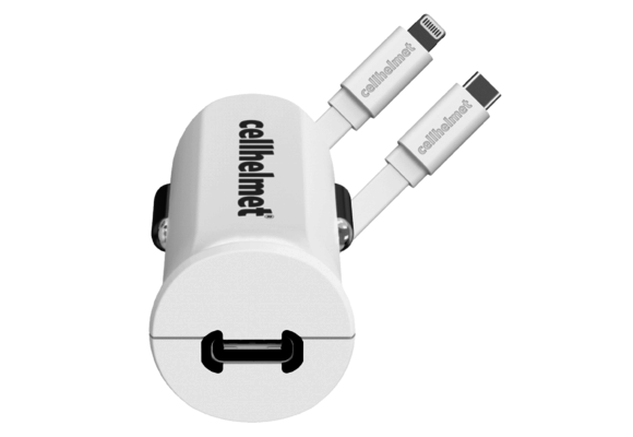 Cellhelmet PD USB C Car Charger 20W and USB C to Apple Lightning Cable 3ft 1m - White