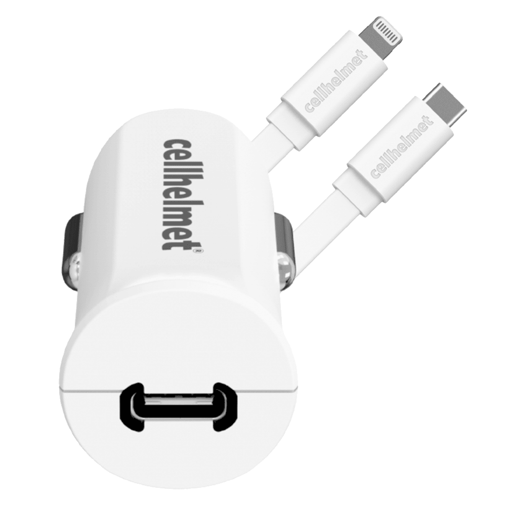 Cellhelmet PD USB C Car Charger 20W and USB C to Apple Lightning Cable 3ft 1m - White