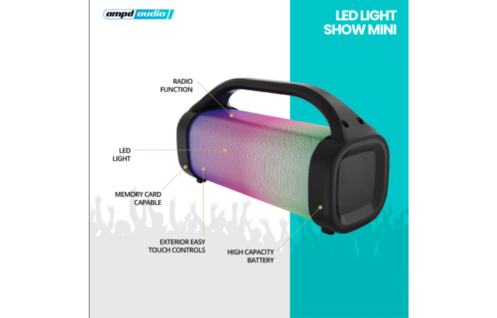 AMPD LED Light Show Mini Bazooka Bluetooth Speaker - Black and LED Face