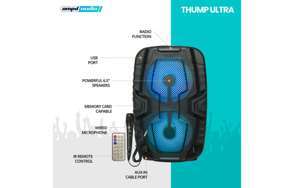 AMPD Thump Ultra LED Dual Bluetooth Speaker with Mic and Remote - Black