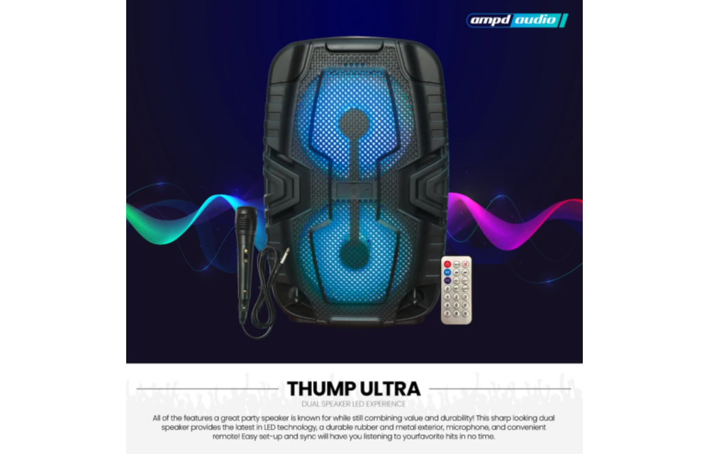 AMPD Thump Ultra LED Dual Bluetooth Speaker with Mic and Remote - Black