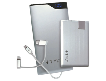 TYLT Essential Travel Bundle 3-in-1 Battery Charge, Slim Pack 6000mAh/1350mAh - Silver