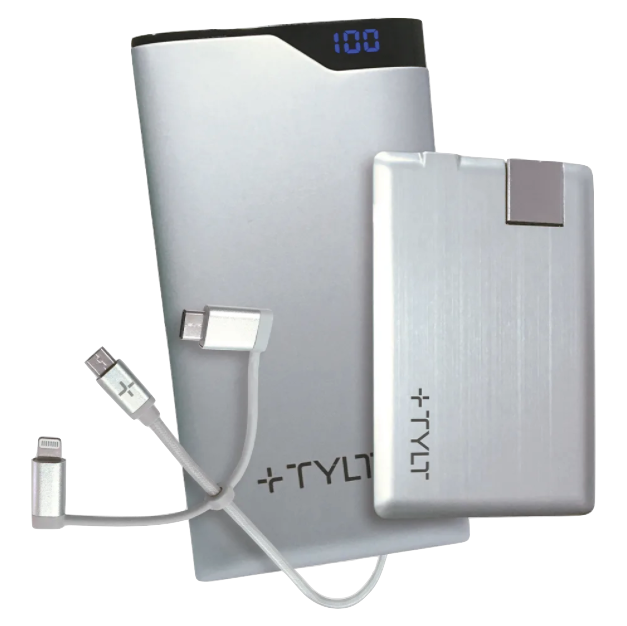 TYLT Essential Travel Bundle 3-in-1 Battery Charge, Slim Pack 6000mAh/1350mAh - Silver