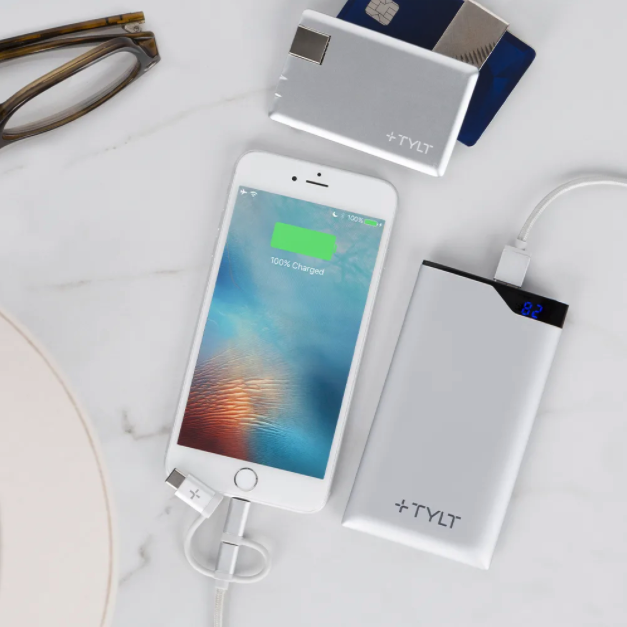 TYLT Essential Travel Bundle 3-in-1 Battery Charge, Slim Pack 6000mAh/1350mAh - Silver