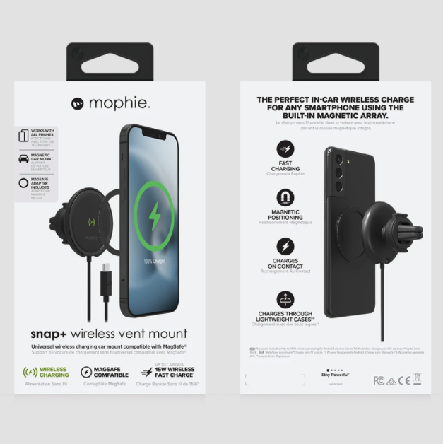 Mophie Snap Plus Wireless Charge 15w + Car Charger 20w Vent Mount - Black