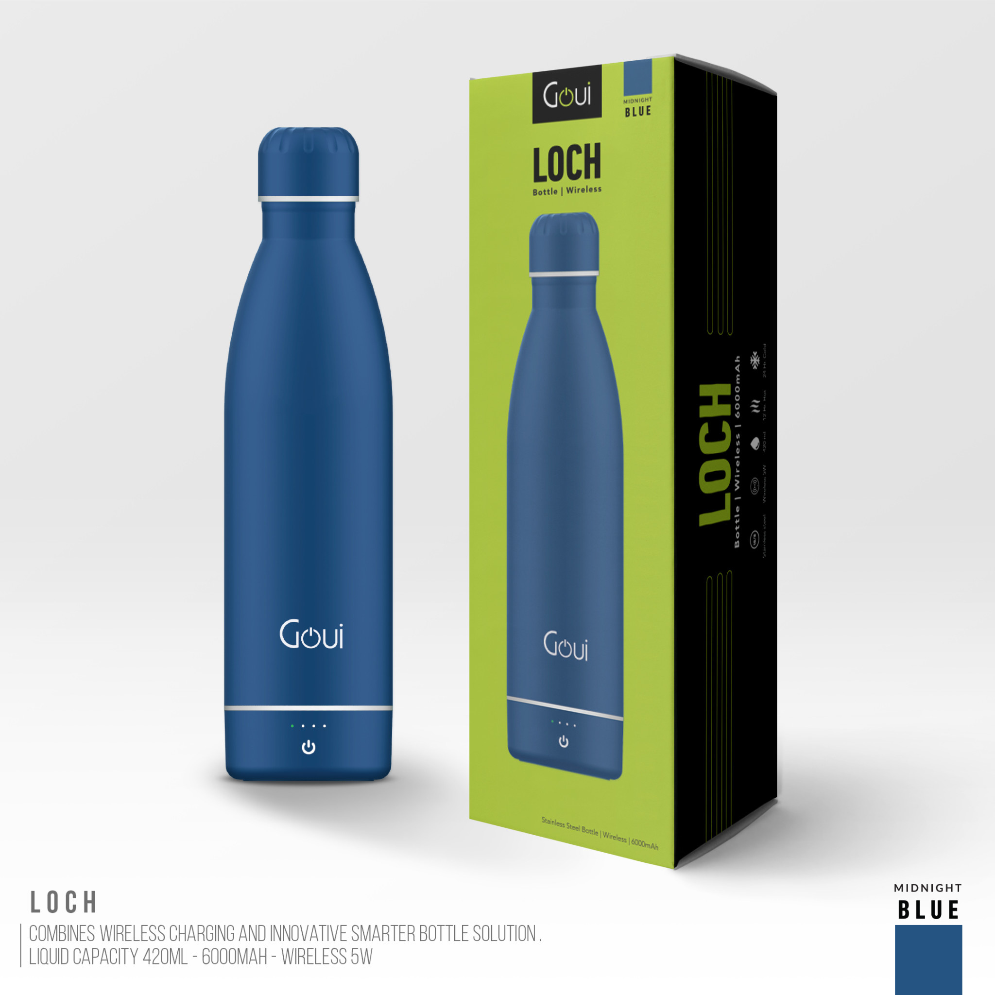 Goui Loch Stainless Steel Water Bottle Wireless Charger 6000 mah - Blue