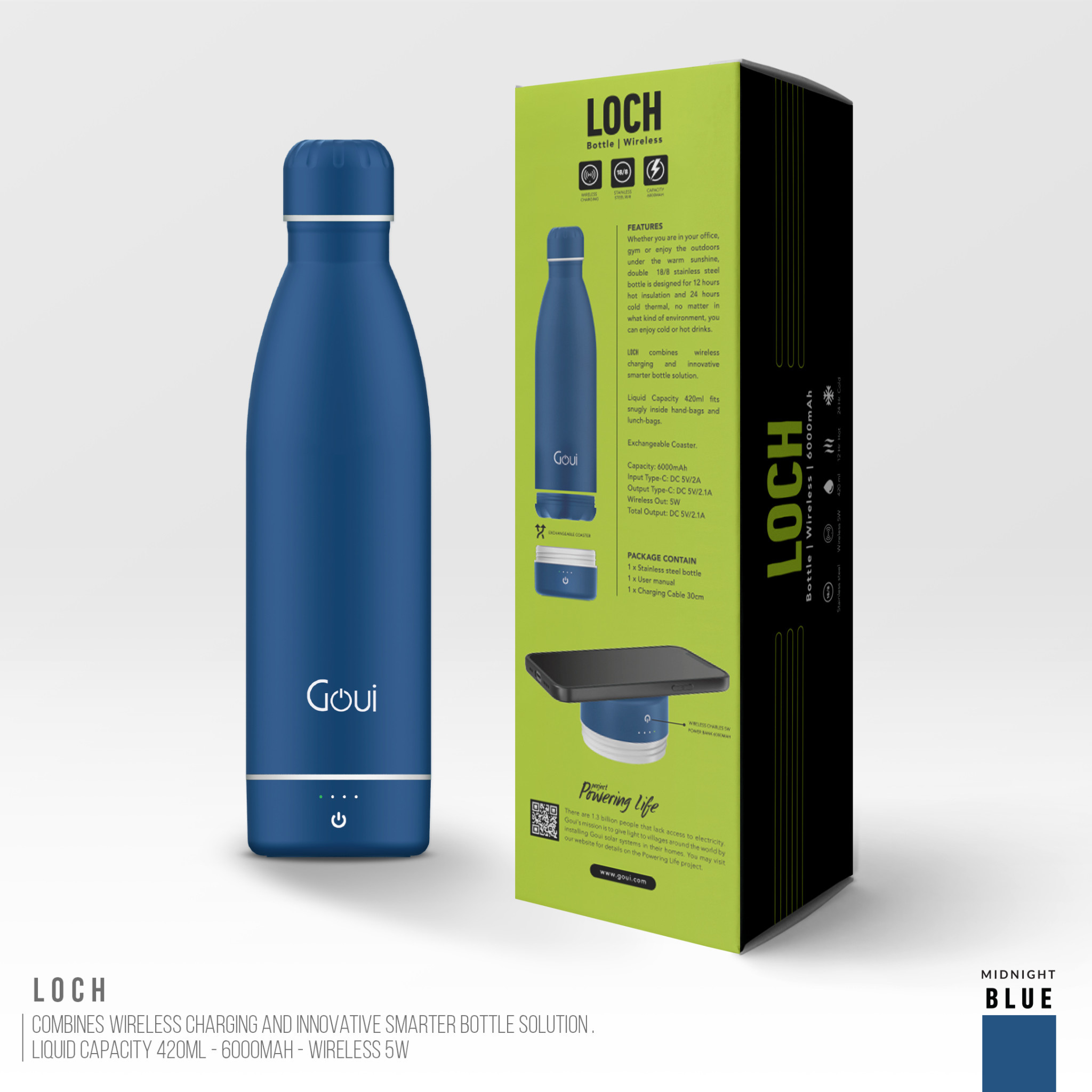 Goui Loch Stainless Steel Water Bottle Wireless Charger 6000 mah - Blue