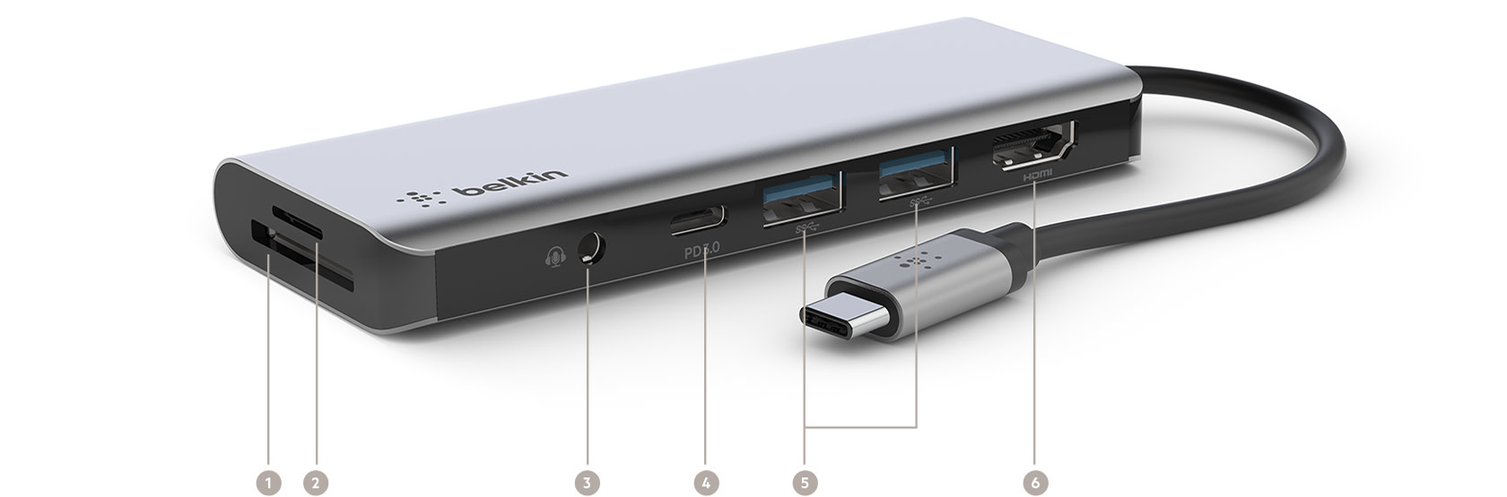 Belkin Connect USB-C 7 in 1 Multiport Adapter with 3.5mm jack 100w  - Gray