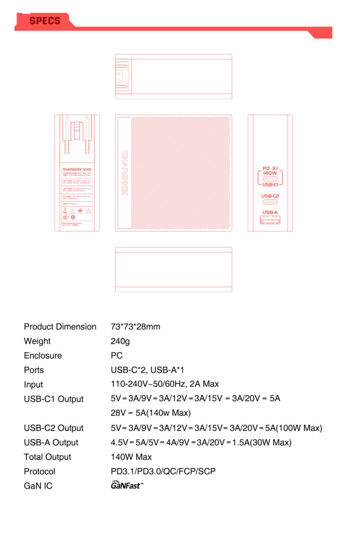 Shargeek 140W PD3.1 Gan Charger with Travel Adapters (UK, EU, AU)