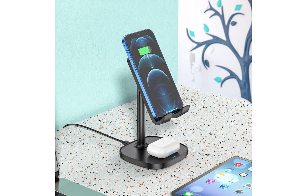 Hoco CW37 15W 2in 1 Wireless Fast Charging Stand - Black