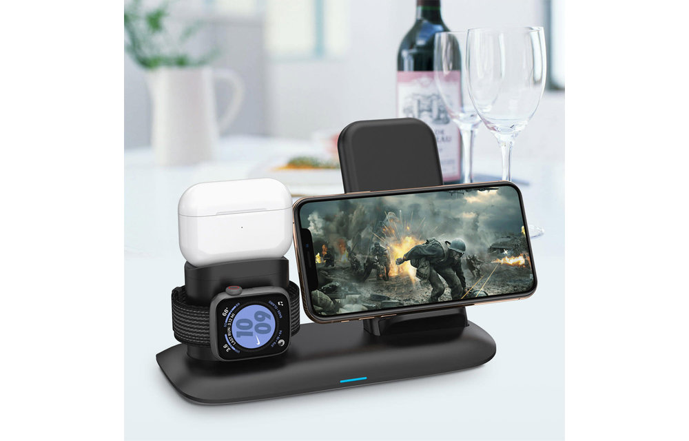 Porodo 4 in 1 Slim Charging Base 7.5w/10w for iphone / Apple Watch / Aipods - Black