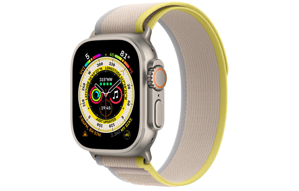 Apple Watch Ultra GPS + Cellular, 49mm Titanium Case with Yellow/Beige Trail Loop - S/M