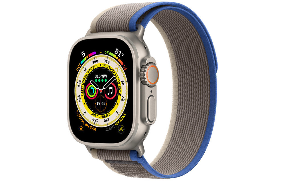 Apple Watch Ultra GPS + Cellular, 49mm Titanium Case with Blue/Gray Trail Loop - S/M