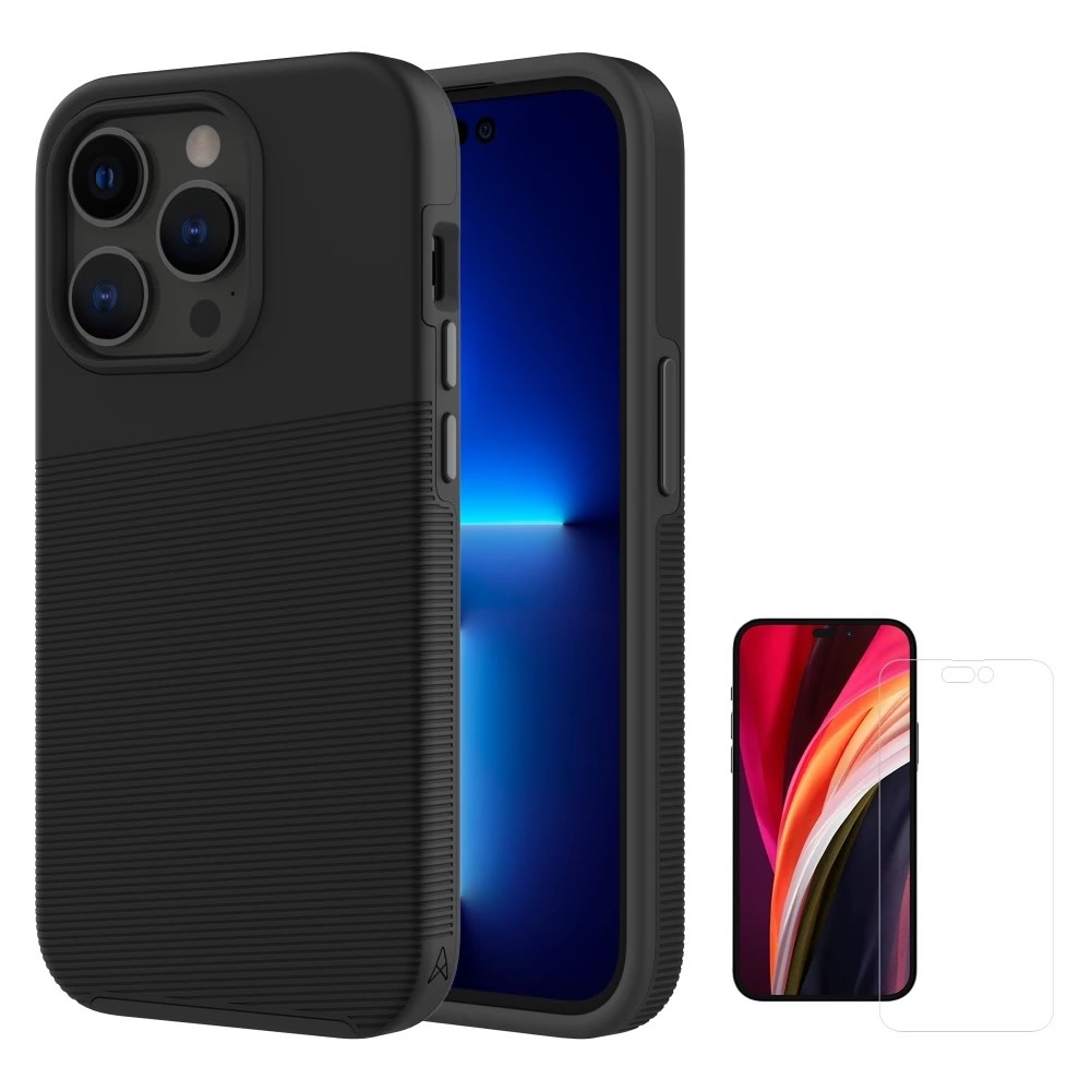 Axessorize Pro Tech Plus Case with Glass Protector front Screen and Back Camera for iPhone 14 Pro - Black