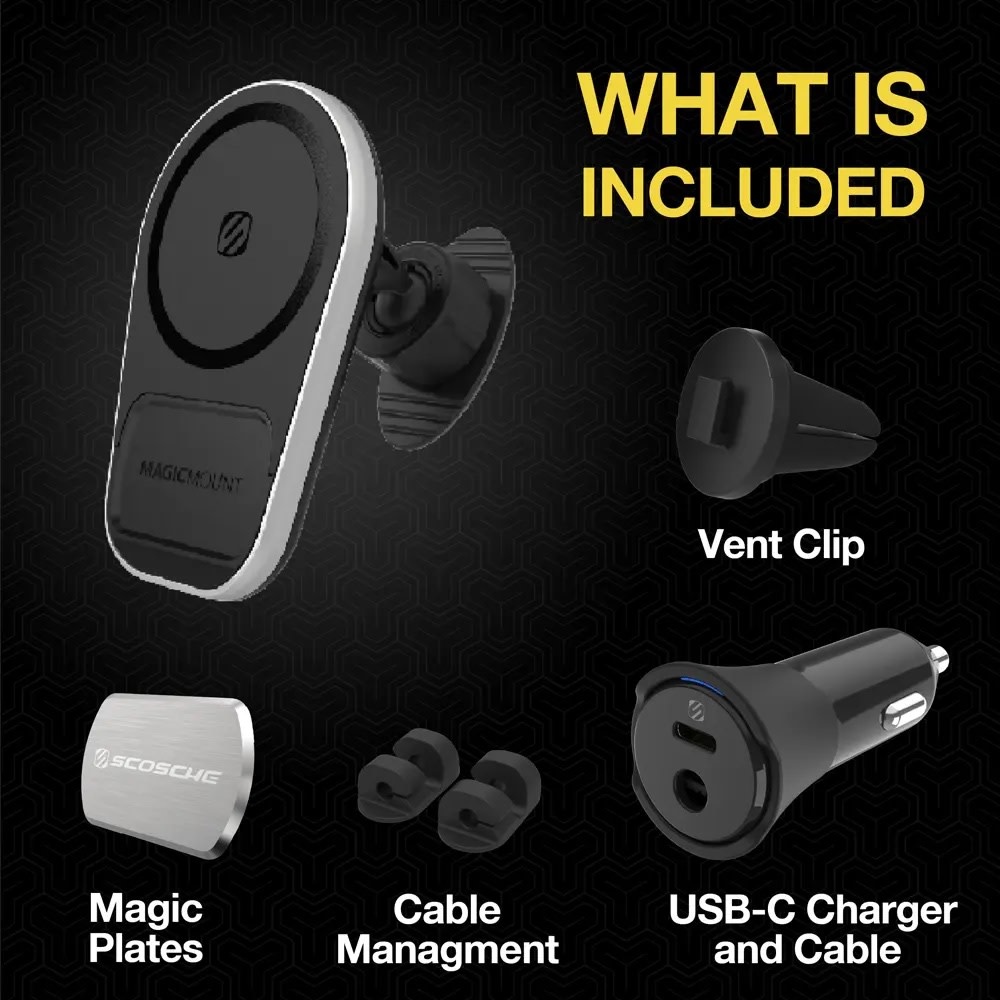 Scosche MagicMount Charge5 MagSafe Wireless Charging Dash / Vent Mount - Black and Silver