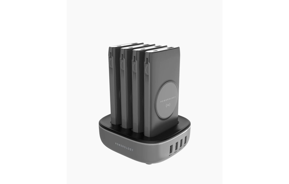 Powerology 4in1 Station 10000mAh 20W PD QC Wireless Power Bank Built-in Cable With Lightning And Type-C - Black