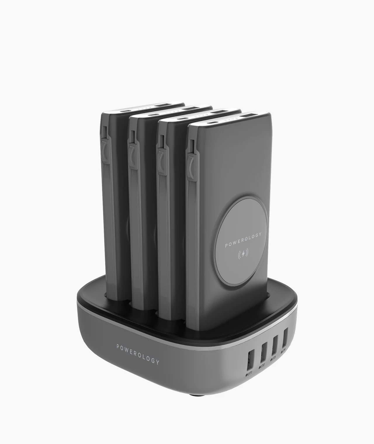 Powerology 4in1 Station 10000mAh 20W PD QC Wireless Power Bank Built-in Cable With Lightning And Type-C - Black