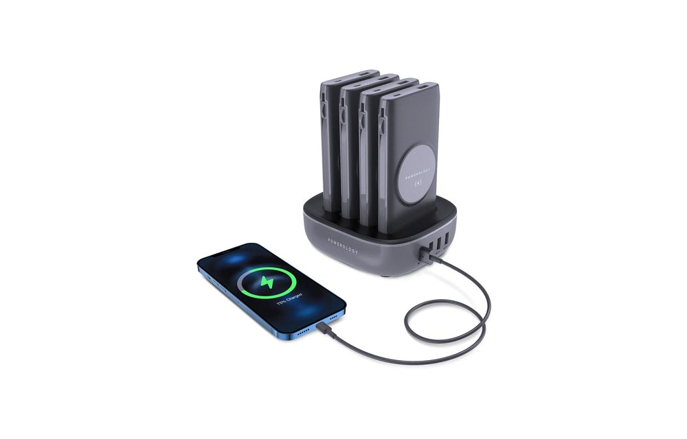Powerology 4in1 Station 10000mAh 20W PD QC Wireless Power Bank Built-in Cable With Lightning And Type-C - Black