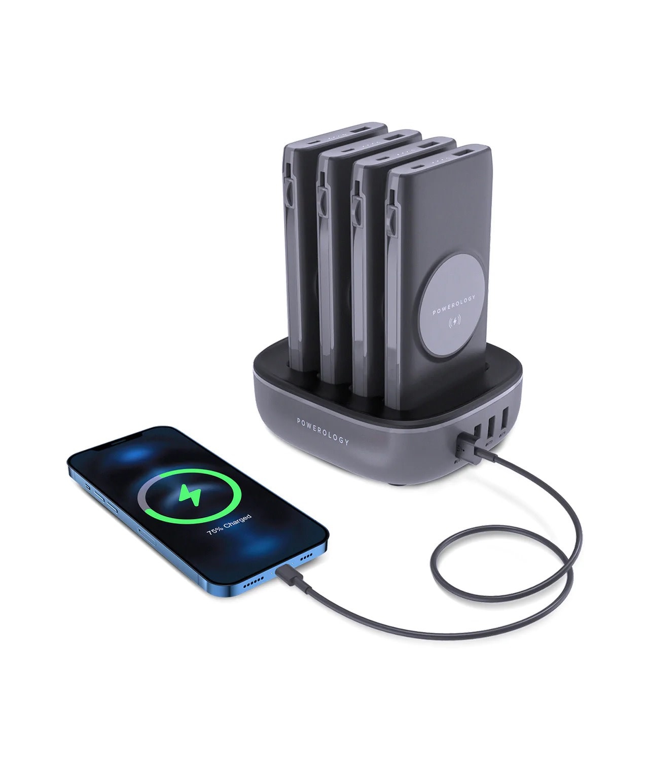 Powerology 4in1 Station 10000mAh 20W PD QC Wireless Power Bank Built-in Cable With Lightning And Type-C - Black