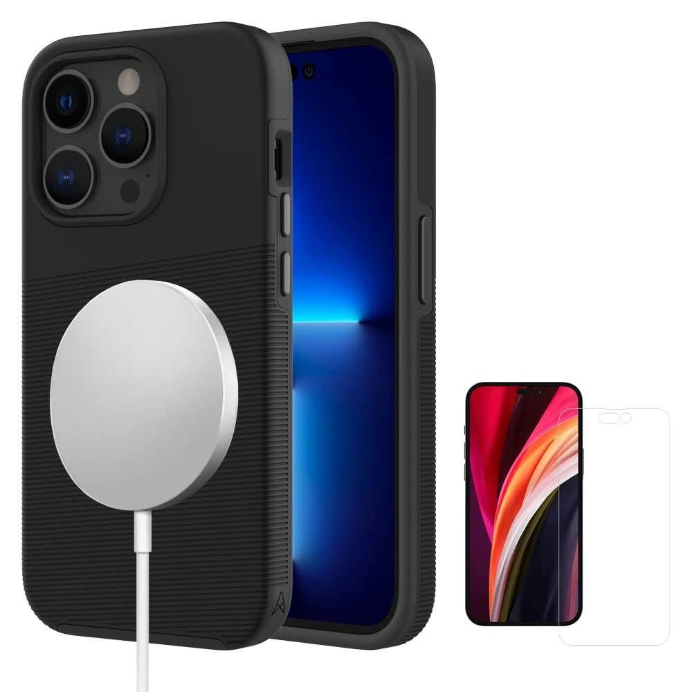 Axessorize Pro Tech Plus MagSafe Case with Glass Protector front Screen and Back Camera for iPhone 14 Pro - Black