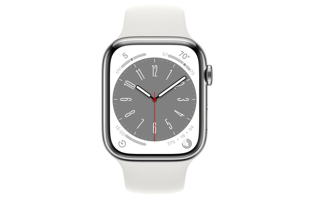 Apple Watch Series 8 GPS + Cellular, 45mm Stainless Steel Case with White Sport Band - Silver