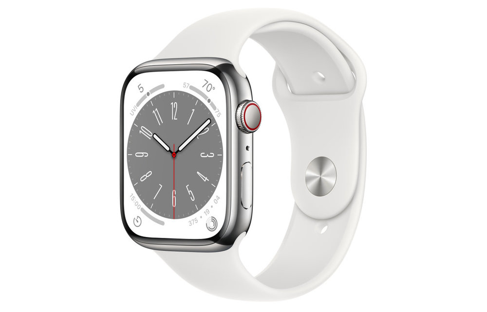 Apple Watch Series 8 GPS + Cellular, 45mm Stainless Steel Case with White Sport Band - Silver