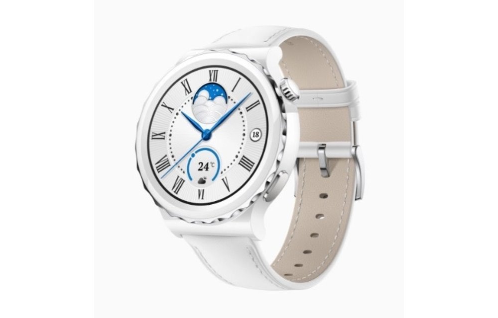 Huawei Watch GT 3 Pro Bezel White Ceramic Case with White Leather Strap
