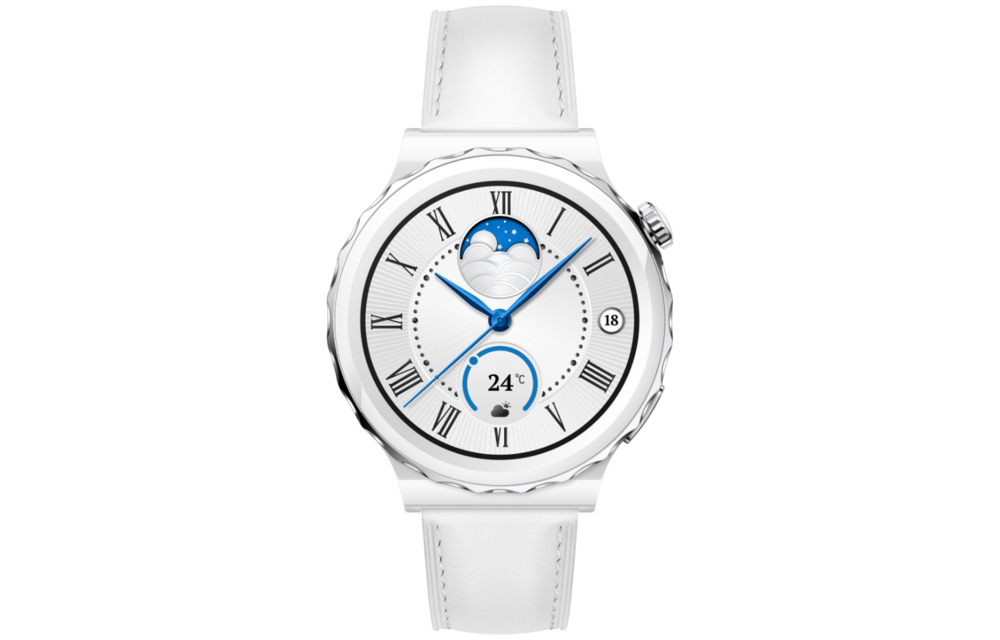 Huawei Watch GT 3 Pro Bezel White Ceramic Case with White Leather Strap