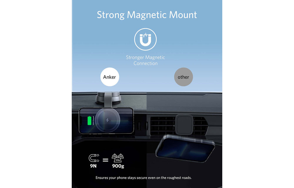 Anker 613 Anker Magnetic Wireless Charger (MagGo) Car Mount with 2-Port USB Car Charger, 5 ft USB-C to USB-A Cable