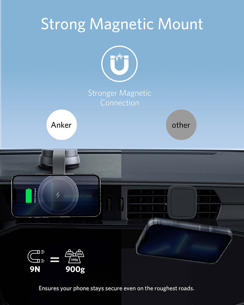 Anker 613 Anker Magnetic Wireless Charger (MagGo) Car Mount with 2-Port USB Car Charger, 5 ft USB-C to USB-A Cable