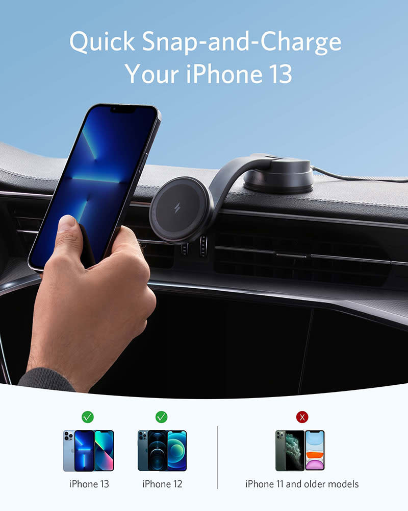 Anker 613 Anker Magnetic Wireless Charger (MagGo) Car Mount with 2-Port USB Car Charger, 5 ft USB-C to USB-A Cable